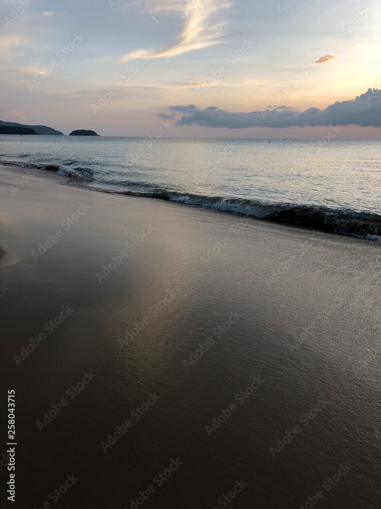 special singing silver sand and the coastline of Karon beach in Phuket Thailand at late sunset