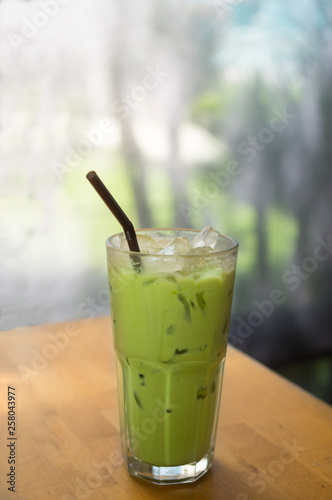 Iced green tea on table.