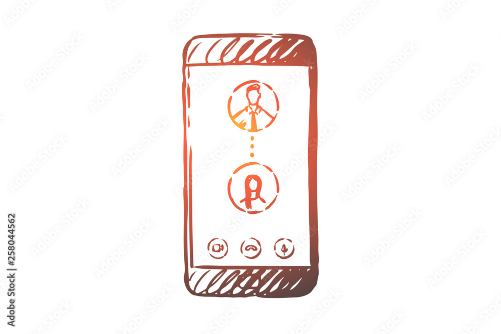 Online, call, mobile, phone, communication concept. Hand drawn isolated vector.