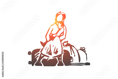 Migrant, woman, illegal, bags, refugee concept. Hand drawn isolated vector.
