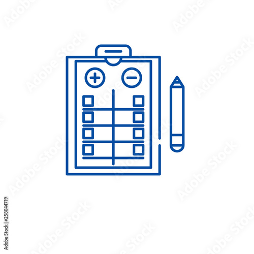 Pros and cons list line concept icon. Pros and cons list flat  vector website sign, outline symbol, illustration.