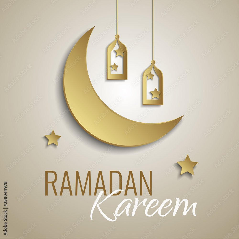 Fototapeta premium Ramadan Kareem greeting card with crescent and arabic lantern, stars on a gold backdrop. Poster or card in a paper art style.