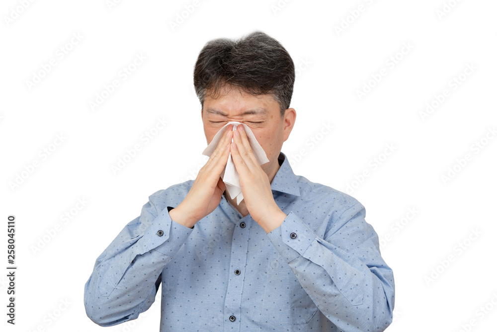 A middle-aged man suffering from rhinitis on white background. A middle-aged man suffering from rhinitis on white background.