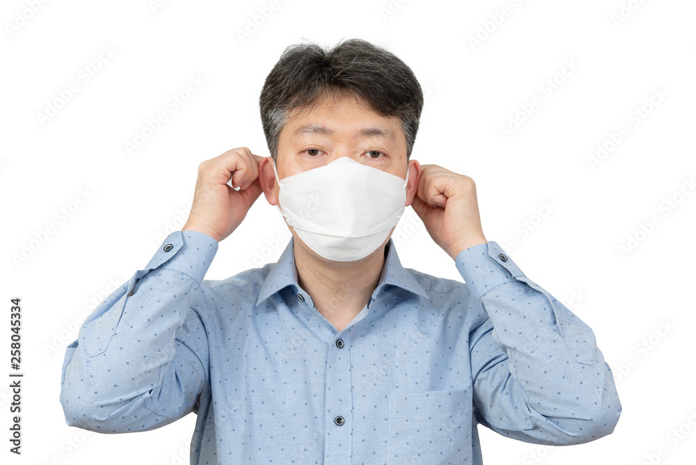 A middle-aged man wearing a mask on white background. A middle-aged man wearing a mask on white background.