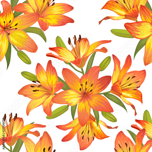 Seamless pattern of orange lily flowers background. Vector set of blooming floral for holiday invitations, greeting card and fashion design.