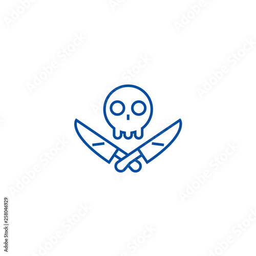 Revenge,scull with knifes line concept icon. Revenge,scull with knifes flat  vector website sign, outline symbol, illustration.