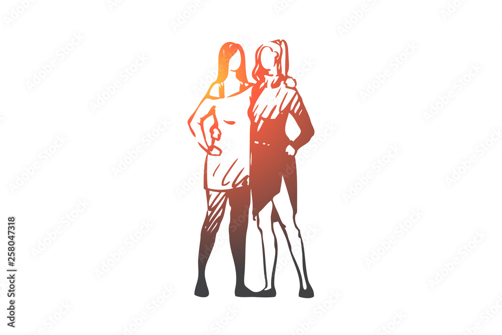 LGBT, homosexual, love, woman, couple concept. Hand drawn isolated vector.