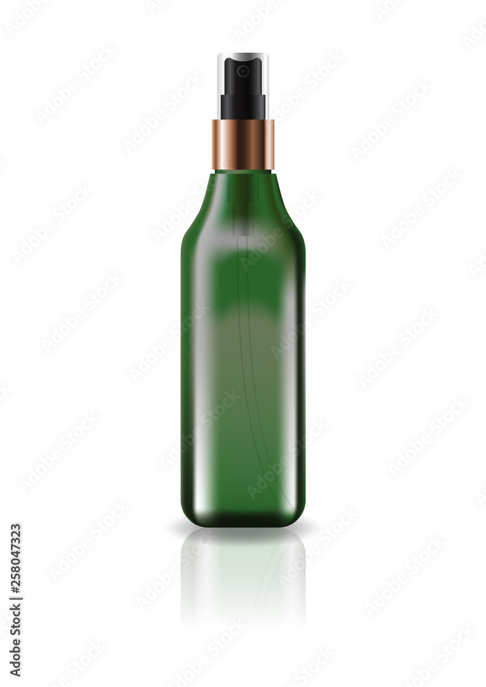 Blank green cosmetic square bottle with pressed spray head for beauty or healthy product. Isolated on white background with reflection shadow. Ready to use for package design. Vector illustration. Blank green cosmetic square bottle with pressed spray head for beauty or healthy product. Isolated on white background with reflection shadow. Ready to use for package design. Vector illustration.