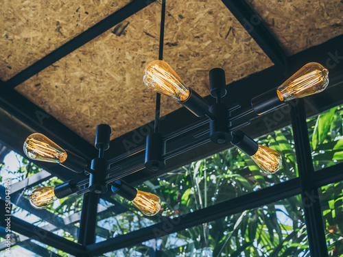 Modern ceiling lifght bulbs retro style decoration in cafe photo