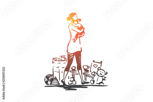 Mother, child, holding, toy, home concept. Hand drawn isolated vector.