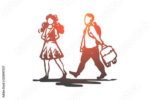 Kid, good, manners, girl, boy, bag concept. Hand drawn isolated vector.