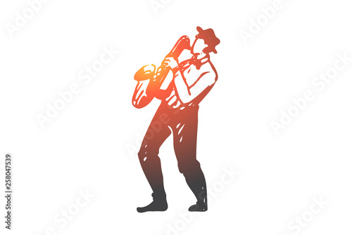 Music, jazz, play, saxophone, performance concept. Hand drawn isolated vector.