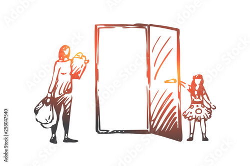 Kid, good, manners, girl, mother concept. Hand drawn isolated vector.
