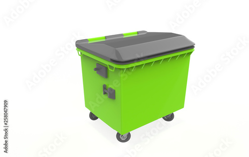 close plastic garbage container on white background. 3d illustration