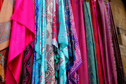 Colorful women pashmina shawls. Fabric texture