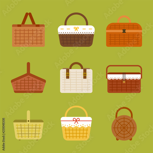 A wide variety of picnic baskets. flat design style minimal vector illustration
