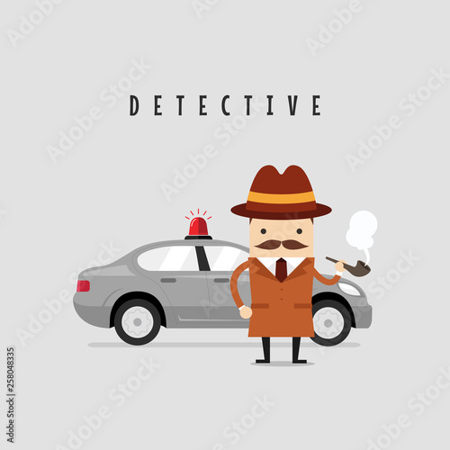Funny detective character with his car. Police detective and inspector cartoon.