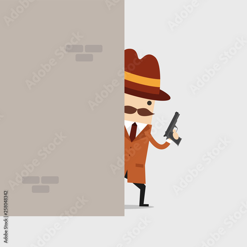 Detective holding a gun behind the wall. Police detective and inspector cartoon.