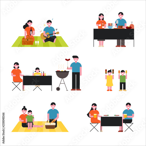 Family enjoying a picnic outdoors. flat design style minimal vector illustration