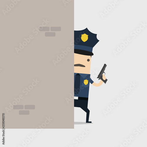 Police holding a gun behind the wall. Police officer and inspector cartoon.