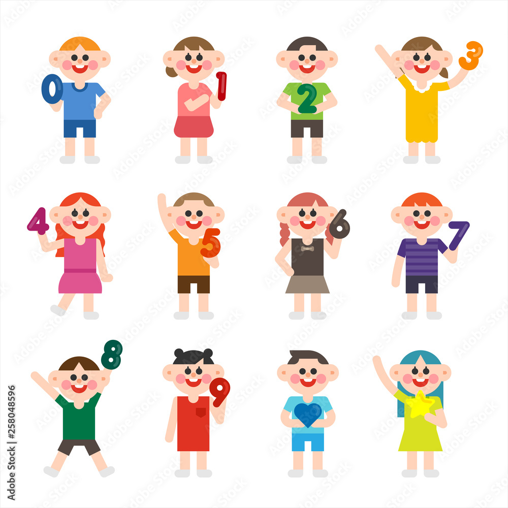 Cute children holding numbers. flat design style minimal vector illustration