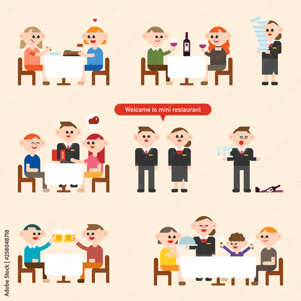 A variety of restaurant guests and staff character set. flat design style minimal vector illustration