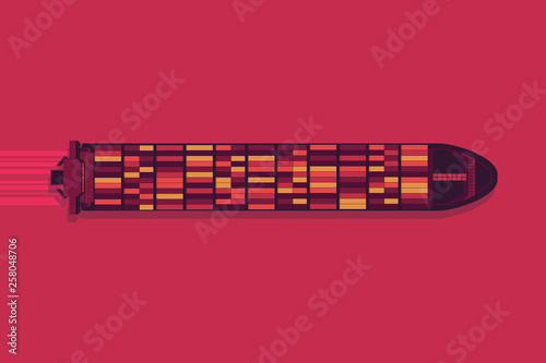 Large container ship at sea. Aerial top view. Cargo to harbor.