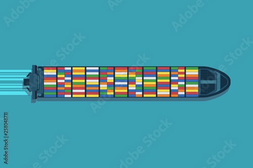 Large container ship at sea. Aerial top view. Cargo to harbor.