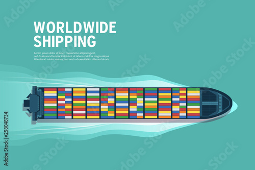 Top view of the industrial marine vessel at sea banner. Sea transportation logistic. Sea Freight. Maritime shipping. Merchant Marine. Cargo ship.