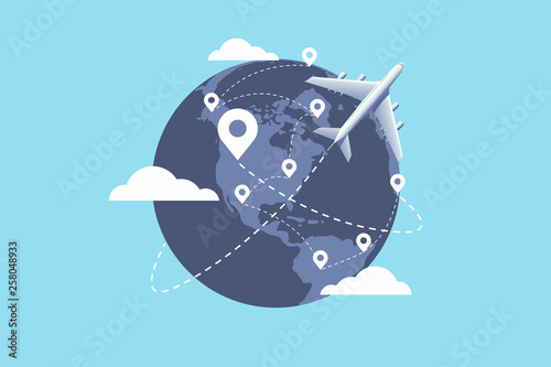 Plane flying around the world. Travel planning. travel concept.