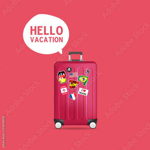 Hello vacation red travel luggage with stickers, labels. Realistic suitcase.