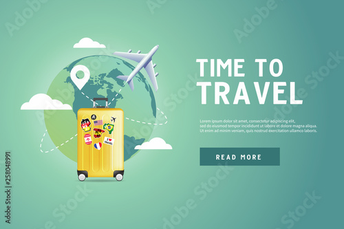 Plane flying around the world with yellow luggage. Travel planning. Time to travel banner.