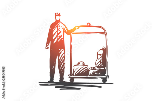 Hotel, service, luggage, welcome, concierge concept. Hand drawn isolated vector.