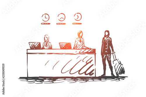Hotel, reception, desk, guest, receptionist concept. Hand drawn isolated vector.