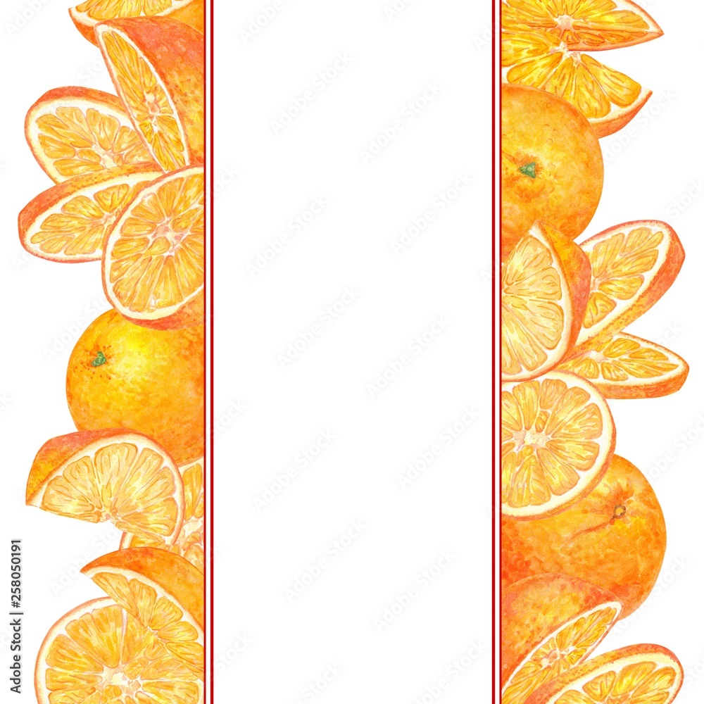 Design template with orange fruit in watercolor. Sweet and fresh fruit ...