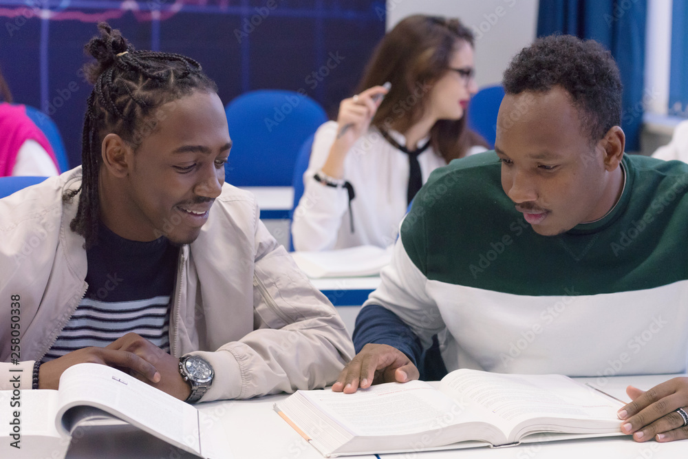 Fototapeta premium University mixed race Students, african, american and european during the class. Resolving problems together. Team work, multiethnic and happyness concept .