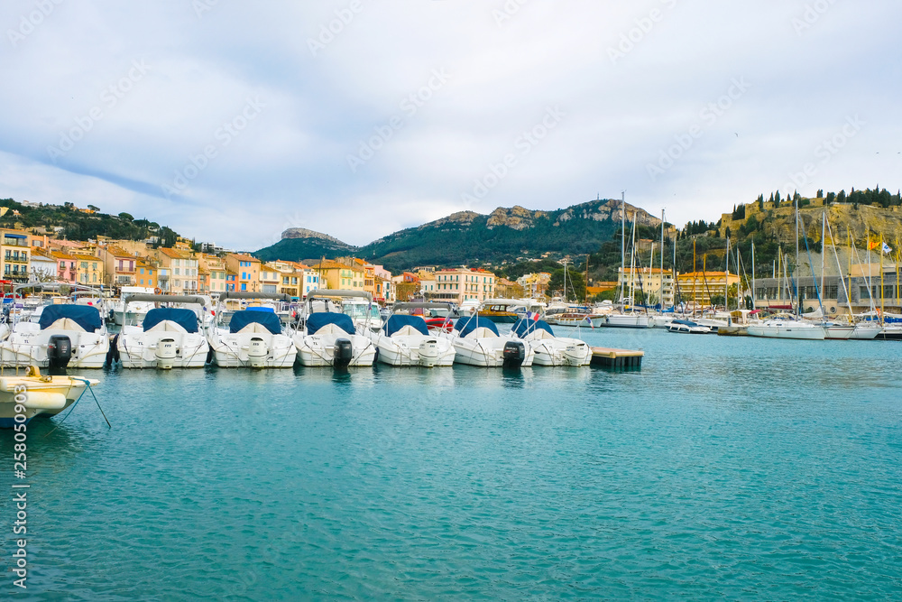 Editorial illustrative. Cassis Provence France. February 03.2019.  Empty boats and yachts in the port of Cassis in winter.
