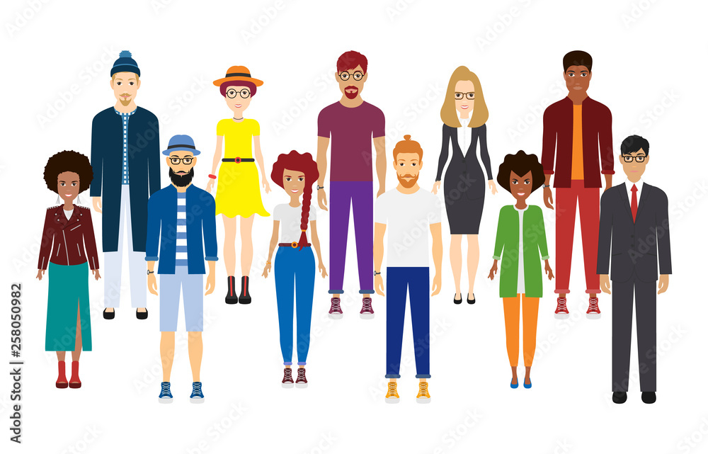 Big crowd diverse ethnic. Young people are standing shoulder to shoulder with each other. Different styles of clothing and hairstyles. Happy people. Vector illustration Big crowd diverse ethnic. Young people are standing shoulder to shoulder with each other. Different styles of clothing and hairstyles. Happy people. Vector illustration