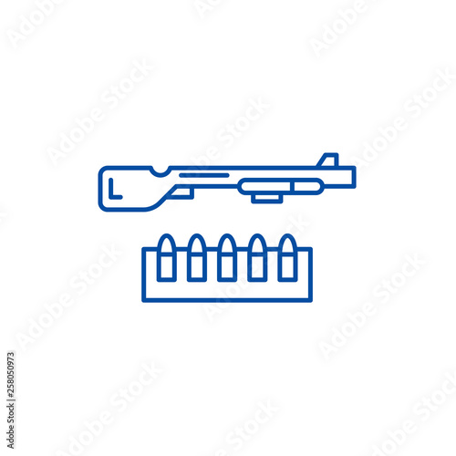 Shotgun and ammo line concept icon. Shotgun and ammo flat  vector website sign, outline symbol, illustration.