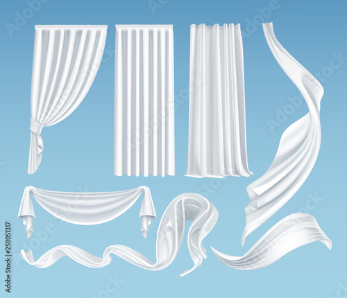 Vector set of realistic fluttering white cloths, soft lightweight clear material and curtains isolated on background