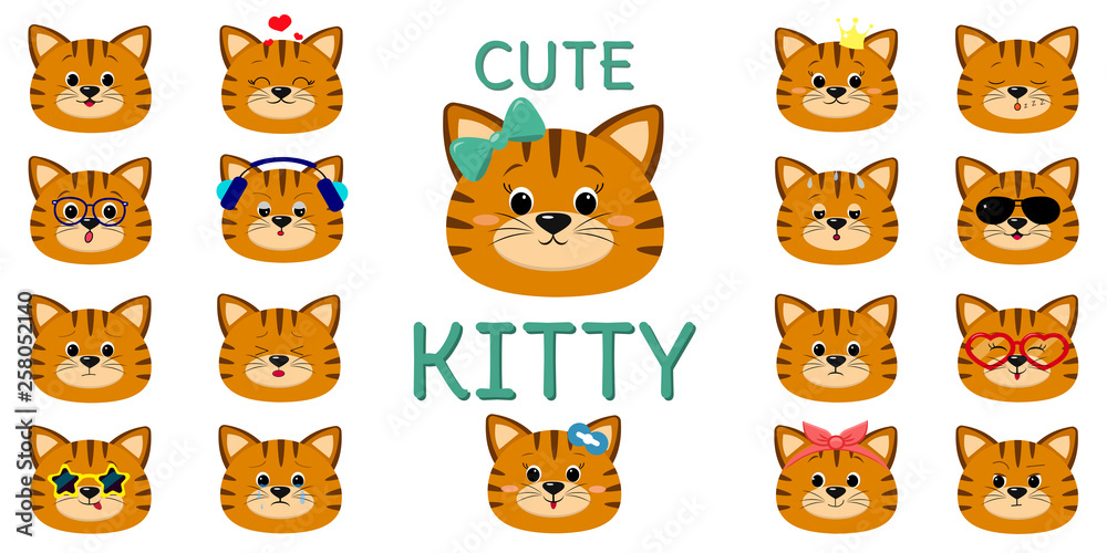 Cute redhead striped cat, mega set of different emotions. Cartoon style, flat design, vector illustration Cute redhead striped cat, mega set of different emotions. Cartoon style, flat design, vector illustration