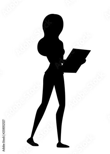 Black silhouette. Pretty women standing and hold white paper list. Cartoon character design. Cute brown hair girl. Flat vector illustration isolated on white background