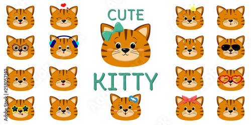 Fototapeta Naklejka Na Ścianę i Meble -  Cute redhead striped cat, mega set of different emotions. Cartoon style, flat design, vector illustration