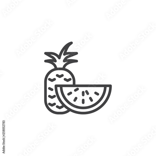 Pineapple and watermelon slice line icon. linear style sign for mobile concept and web design. Summer fruits outline vector icon. Healthy diet food symbol, logo illustration. Pixel perfect vector