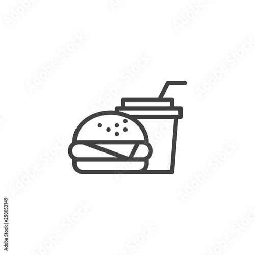 Hamburger and soda drink line icon. linear style sign for mobile concept and web design. Cheeseburger and milkshake cocktail outline vector icon. Fast food symbol, logo illustration. Pixel perfect