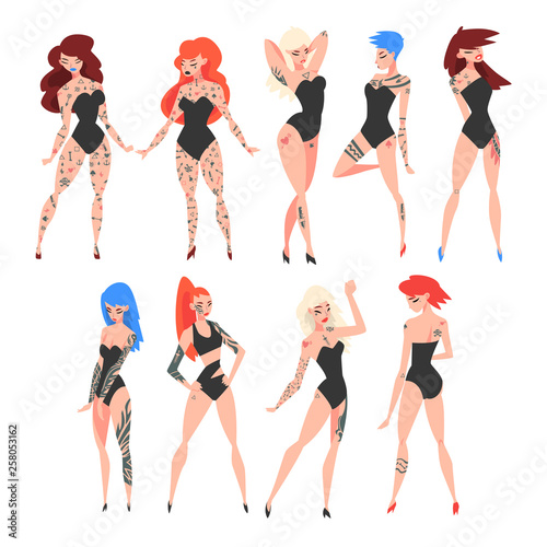 Pretty Girls Wearing Black Swimsuit with Tattoos on Her Skin Vector Illustration