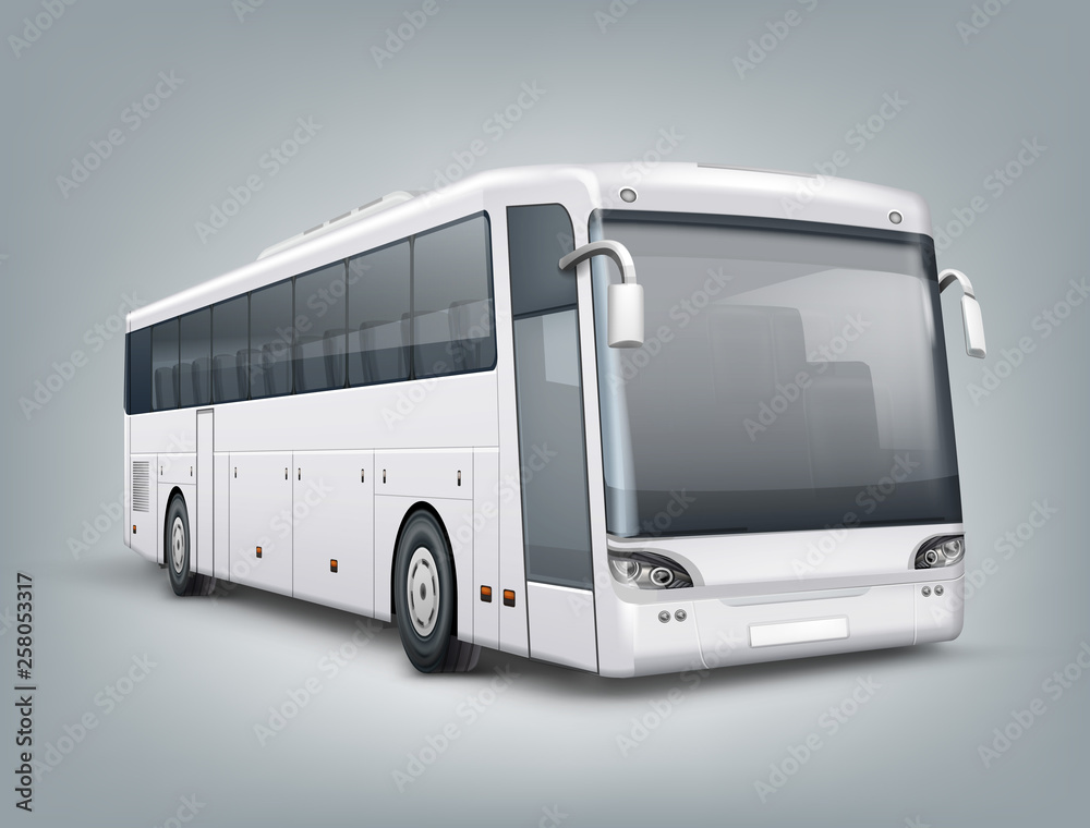Vector realistic illustration. One passenger bus in perspective view, isolated on background