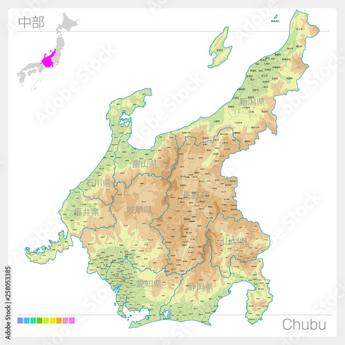 中部の地図・Chubu（等高線・色分け）