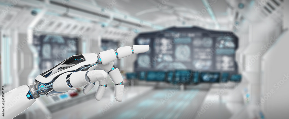 White cyborg pointing his finger 3D rendering White cyborg pointing his finger 3D rendering