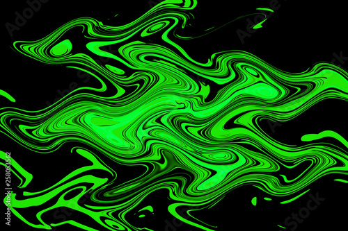 Green neon glowing particles on black background. Splashes and stains. Geometric pattern.